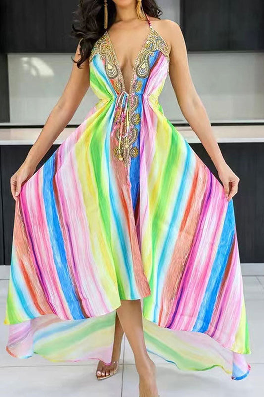 storexq Paisley Patchwork Stunning Backless Rainbow Midi Dress