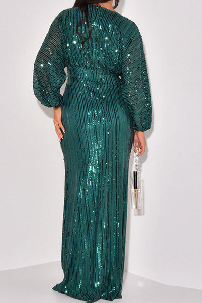 storexq Solid Color Sequined Sparkly V Neck Maxi Dress