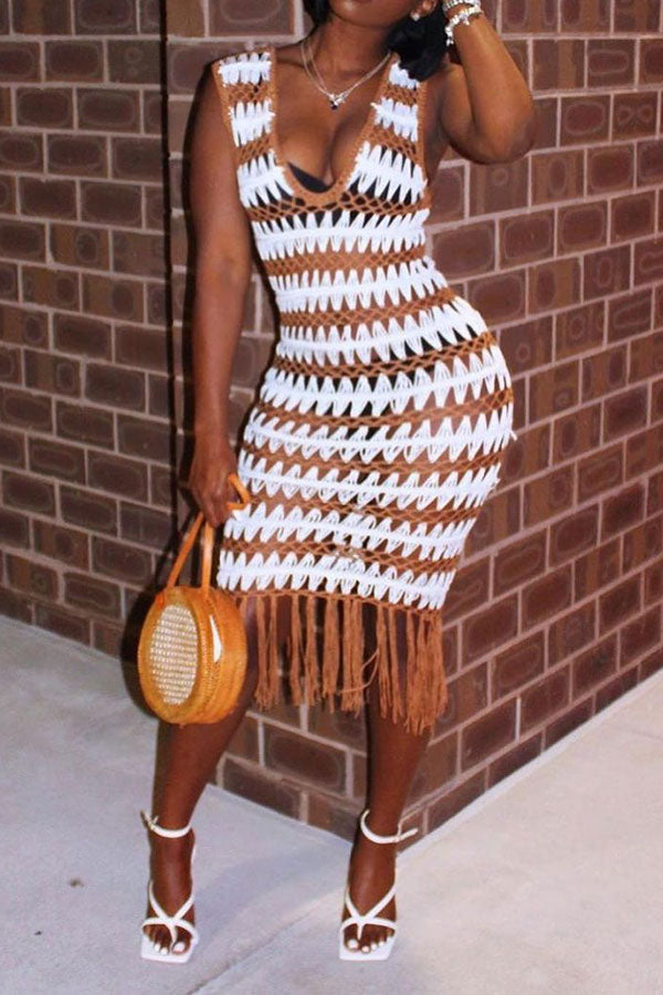 namcoverse Wavy Lines Crochet Cutout Stunning Tassel Midi Dress Beachwear