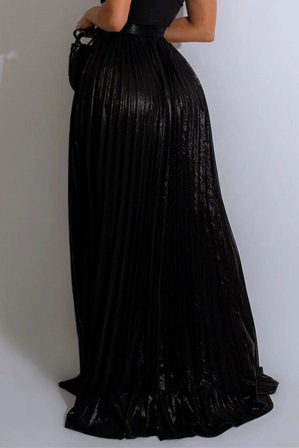 storexq Metallic Glistening High Split Pleated Skirt