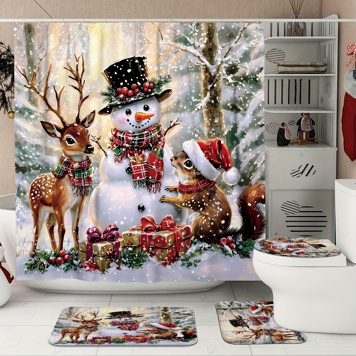 1/4pcs Christmas Winter Wonderland Shower Curtain Set - Waterproof Polyester, Washable, Non-Slip, Animal Print, U-Shaped Toilet Lid Cover, 12 Hooks, No Lining, Polyester Woven - Complete Bathroom Decor for Holiday Season