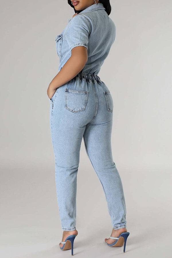 storexq Washed Denim Feminine Pocket Button Down Jumpsuit