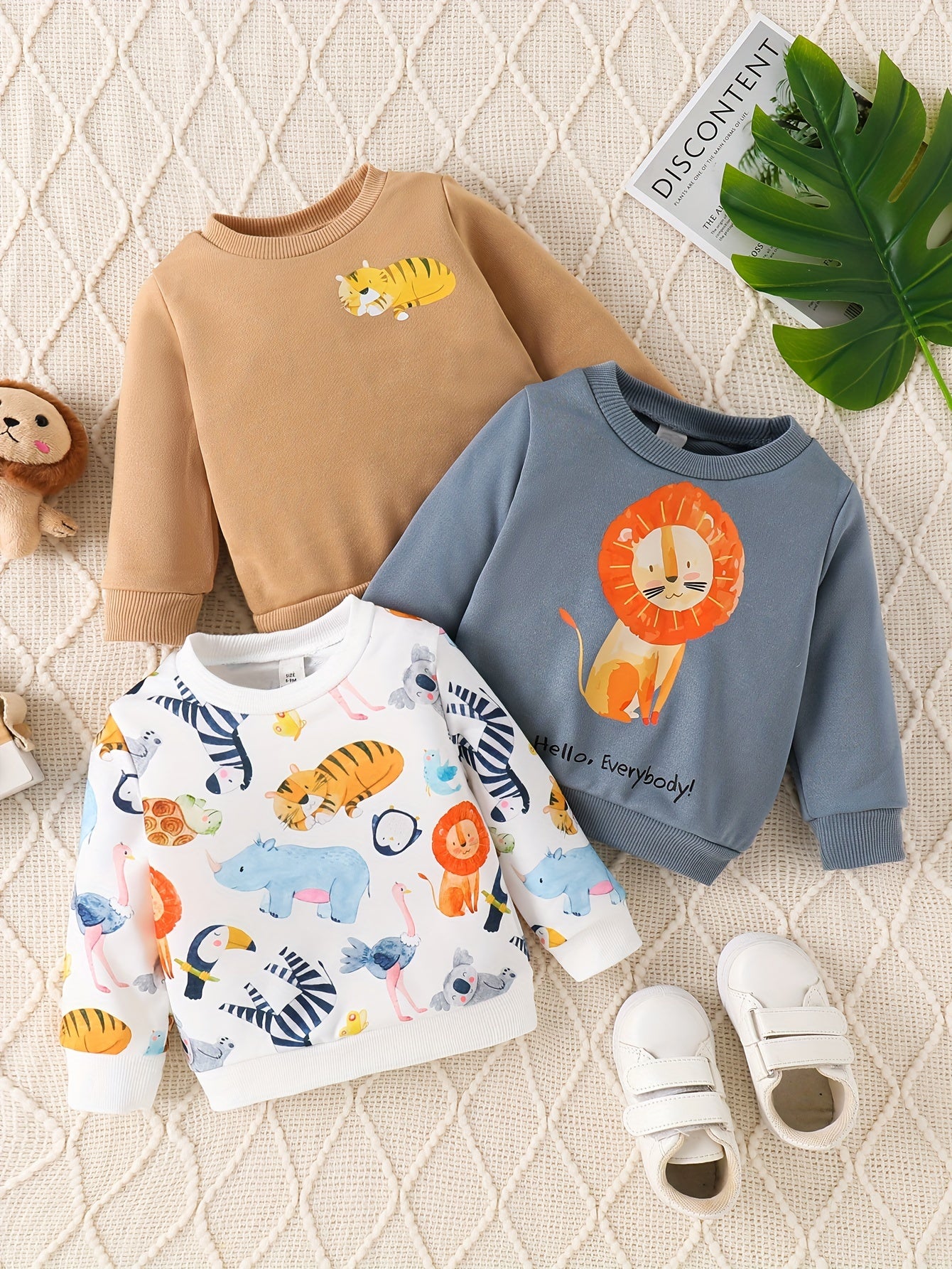 3Pcs Adorable Baby Boys Cartoon Animal Pattern Sweatshirt - Soft, Round Neck, Casual, Comfy, Breathable, Spring, Summer, Fall Essential Top for Daily Wear - Vibrant Colors, Fun Designs