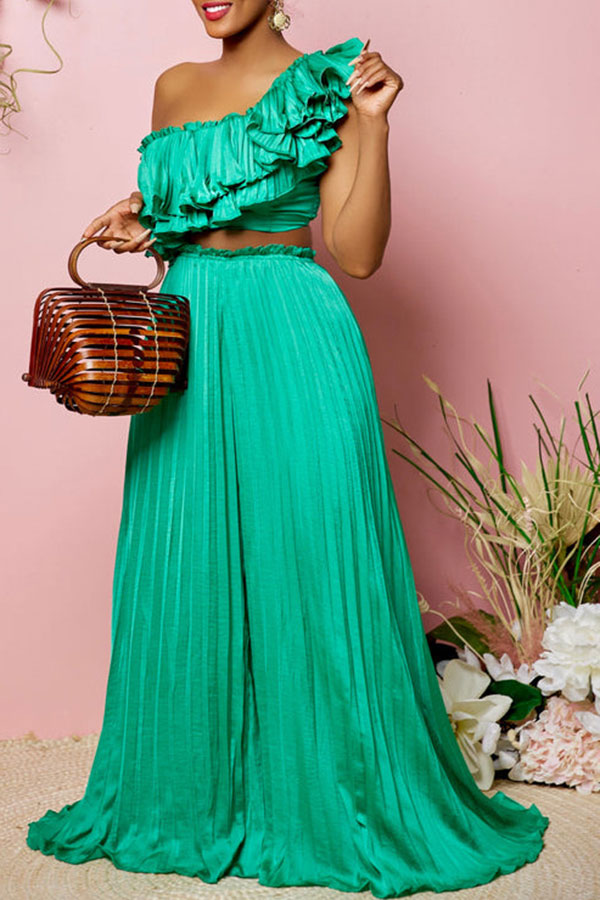 storexq Ruffle Design Romantic Pleated Wide Leg Pant Suit