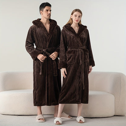 Ultra-Soft Plus Size Hooded Bathrobe - Cozy, Thickened Long Robe for Men & Women, Perfect for Fall/Winter, Ideal Bathroom Accessory