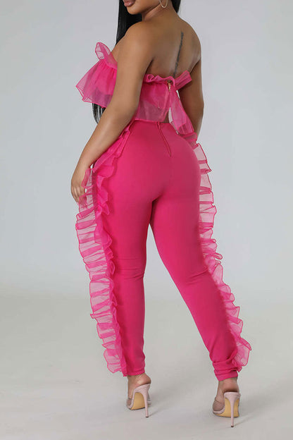 storexq Solid Color Cute Mesh Ruffle Design Pant Suit