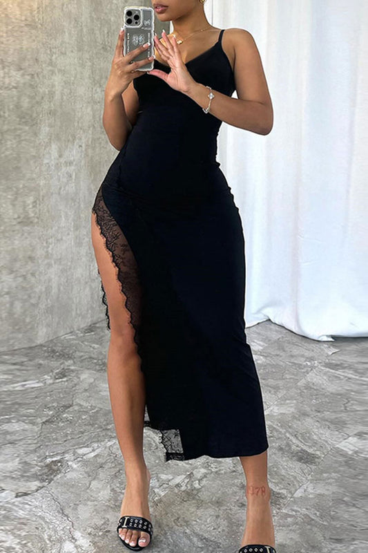 storexq Solid Color Lowkey Lace Patchwork High Split Midi Dress