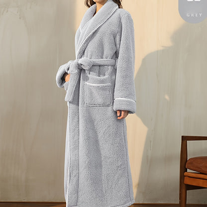 1pc Luxurious Autumn Winter Bathrobe - Plush Unisex Pajamas, Extra Thickened & Warm, Large Size Long Sleeve Robe with Handy Pockets - Ultimate Cozy Home Wear for Indoor Comfort, Essential Bathroom Supplies