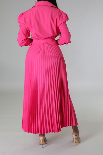 storexq Solid Color Commuting Belted Pleated Midi Dress