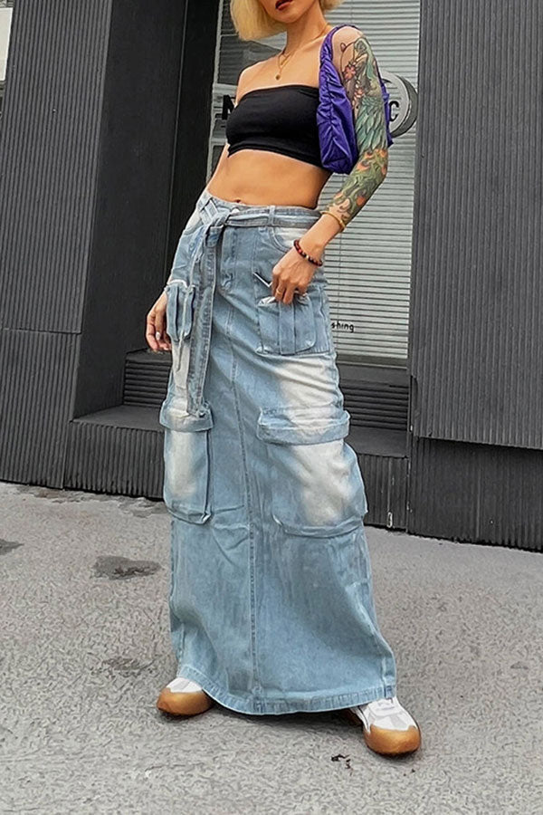 storexq Gradient Punk Multi Pocket Belted Denim Skirt