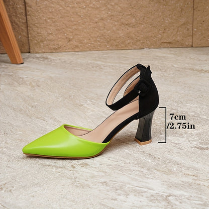 Mid Heel Stiletto Ankle Strap Colorblock Shoes - Elegant Pointed Toe Versatile Summer Shoes with Synthetic Leather Upper and Rubber Sole - All-Season Fashionable Chunky Heel Shoes for Women