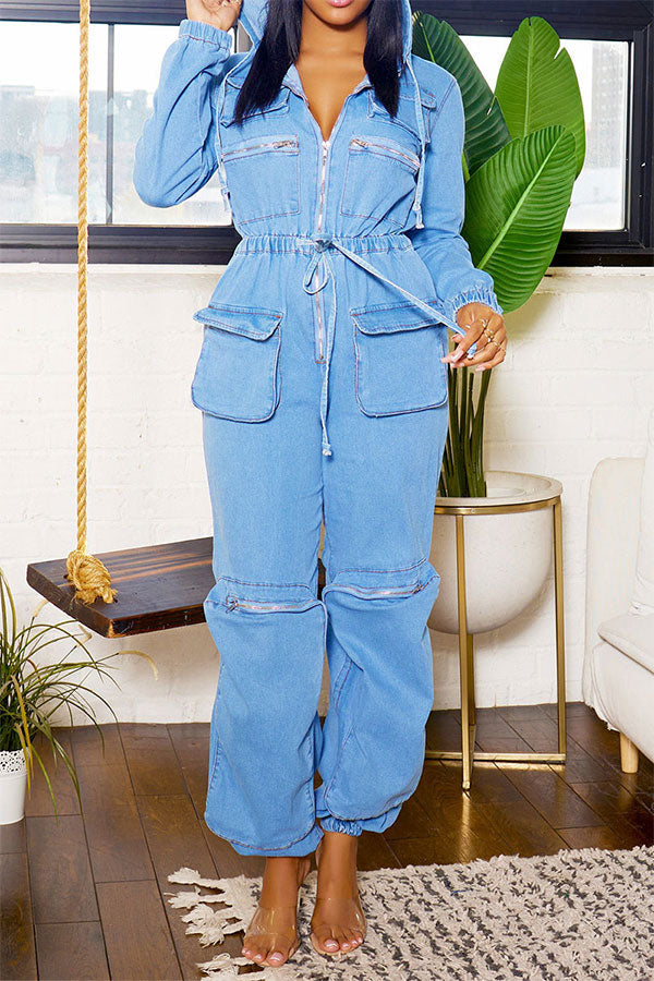 storexq Hooded Casual Drawstring Multi Pocket Denim Jumpsuit