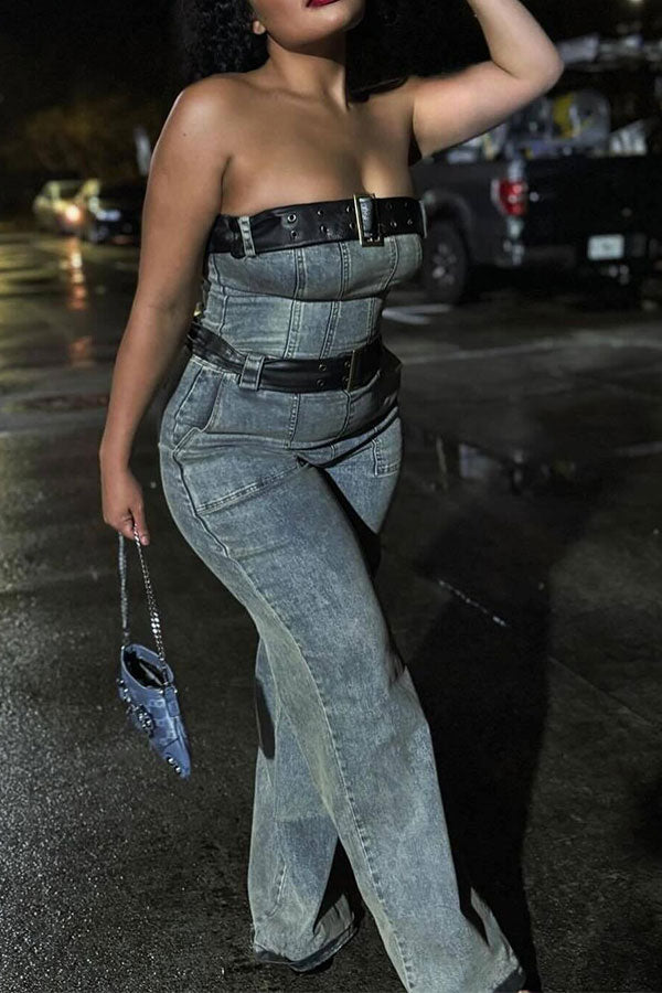 storexq Washed Denim Strapless Stylish Belted Jumpsuit