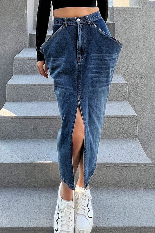 storexq Solid Color Dramatic Pocket Design High Split Denim Skirt