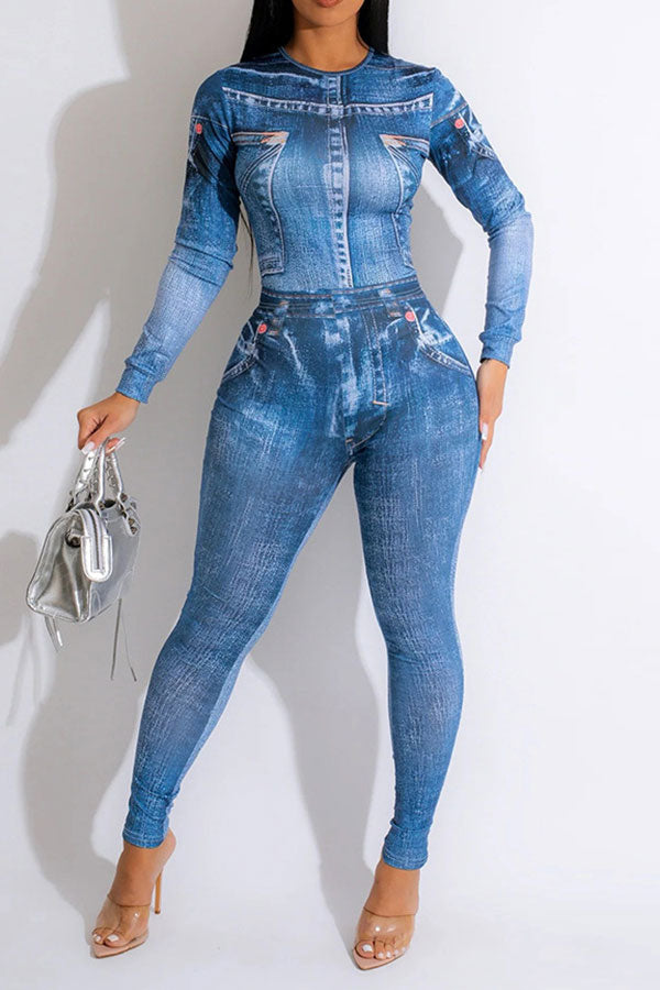 storexq Denim Print Casual Bodycon Jumpsuit