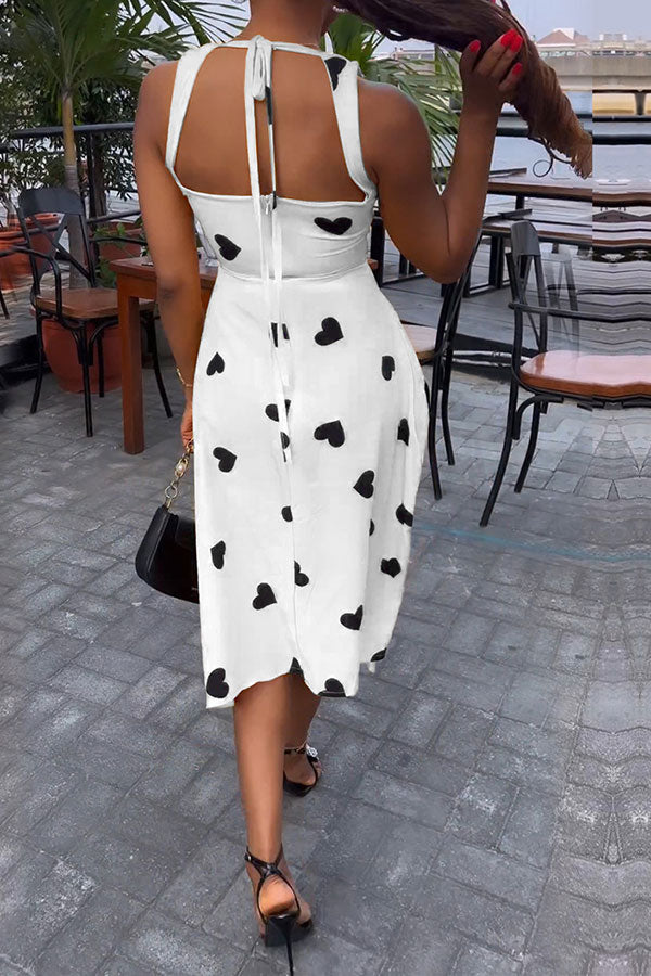 namcoverse Heart Print Sweet Tie Back Drawstring Midi Dress