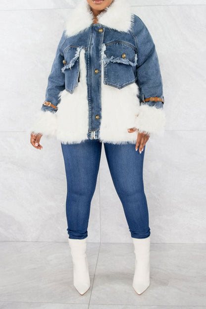 storexq Faux Fur Patchwork Casual Denim Coat