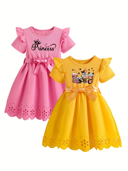 2-Pack Adorable Girls Cartoon Print Dresses - Short Sleeve, Princess Lettering, Butterfly Bow Belt, Hollow-Out Design, Round Neck, Casual Style, Slight Stretch, Polyester Fabric, Alphabets Pattern, Perfect for Summer