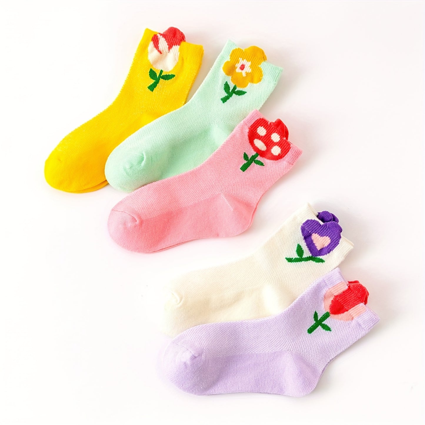 5 Pairs Of Toddler's Cute Cartoon Floral Crew Socks, Soft Comfy Cotton Blend Children's Socks For Boys Girls All Seasons Wearing