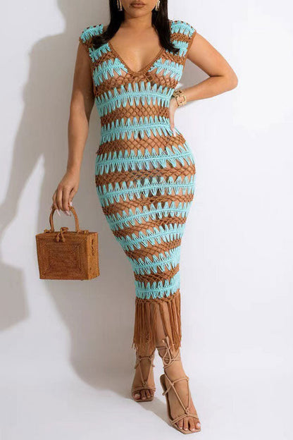 namcoverse Wavy Lines Crochet Cutout Stunning Tassel Midi Dress Beachwear