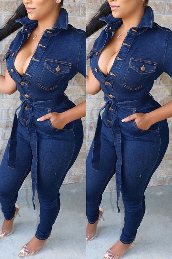 storexq Navy Blue Casual Button Down Denim Jumpsuit With Belt