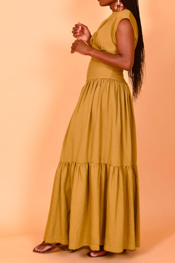 namcoverse Solid Color Modern Tiered Ruffle Maxi Dress