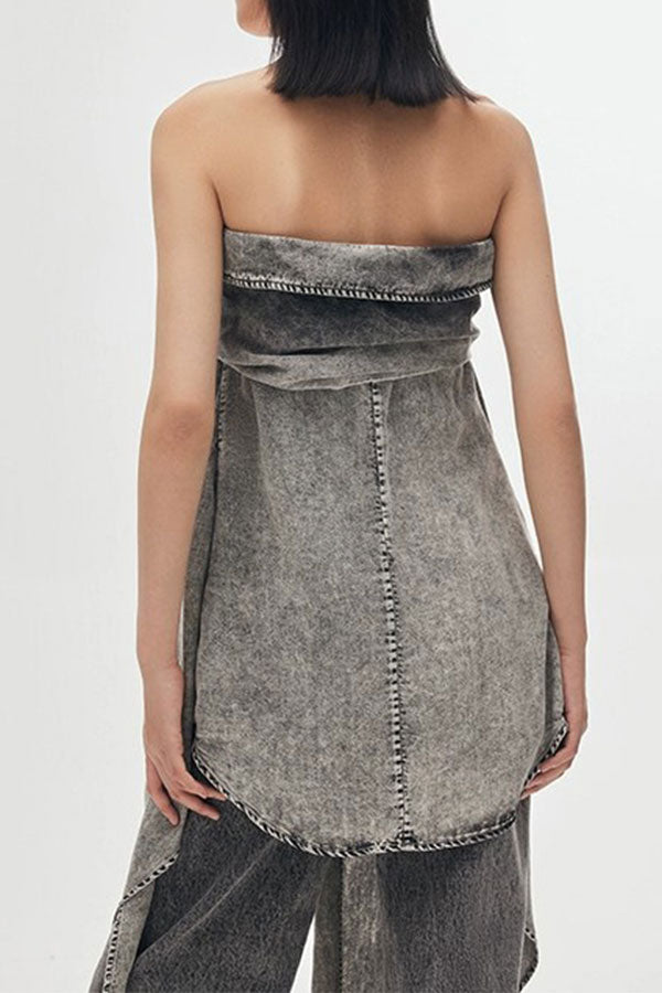 storexq Washed Denim Strapless Flattering Irregular Camisole