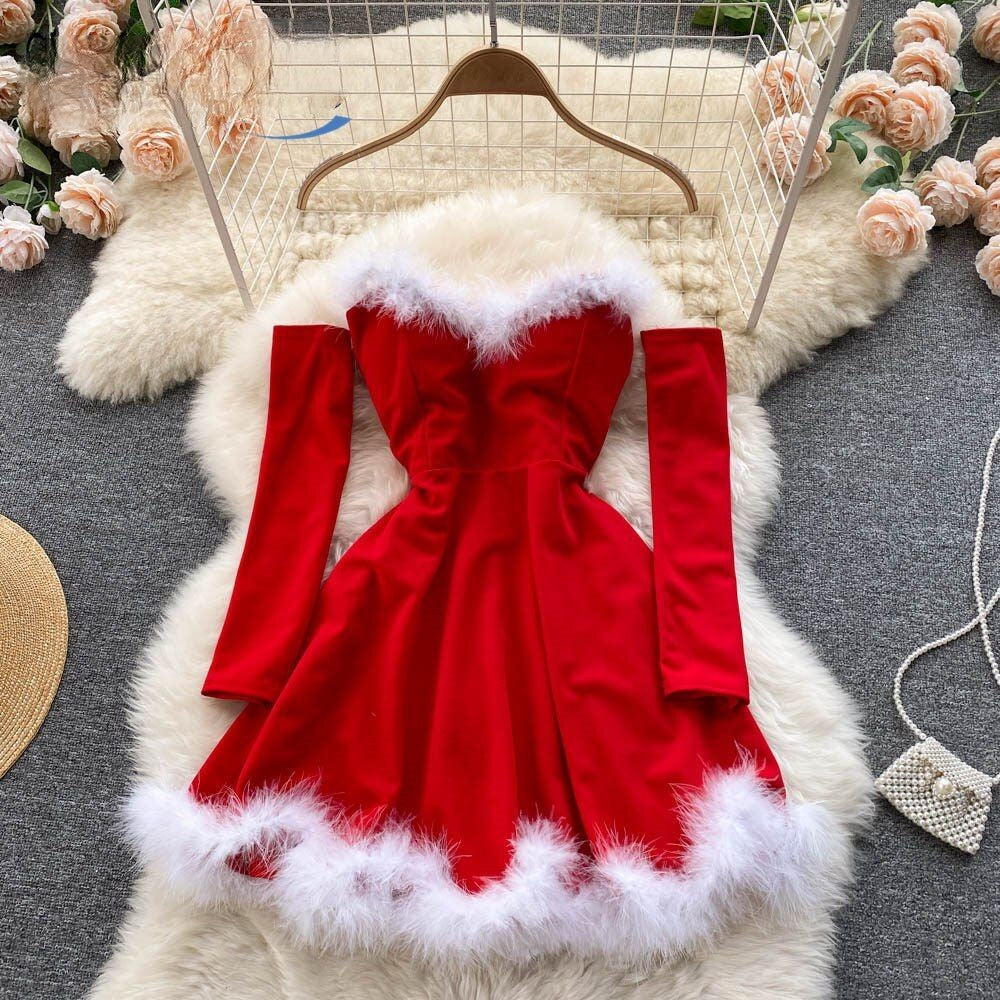 Women Elegant Dress For New Year  Strapless Backless Furry Sexy Short Mini Christmas Dress Navidad Red Party Dress Femme