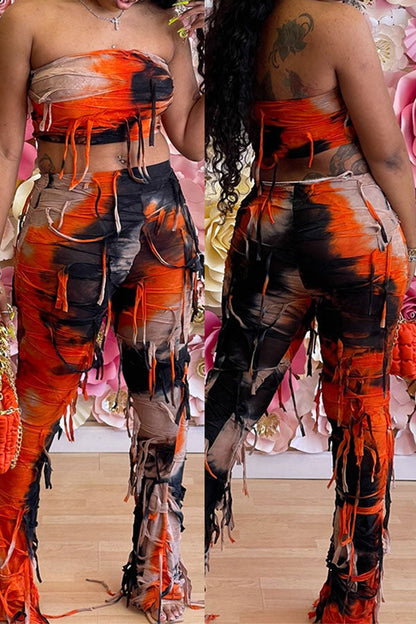 storexq Tie Dye Cool Patchwork Tassel Pant Suit