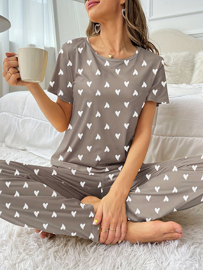 Cozy Heart Print Pajama Set - Soft Micro Elastic Polyester Casual Crew Neck Short Sleeve Top and Pants for Women - Flame Resistant, Random Printing, All Seasons Comfortable Sleepwear