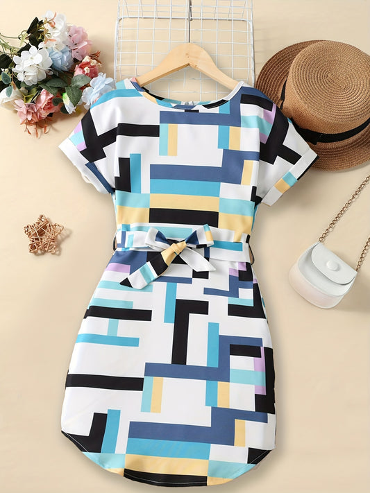 Girls Geometric Graphics Batwing Sleeve Curved Hem Casual Belted Dress Kids Summer Clothes