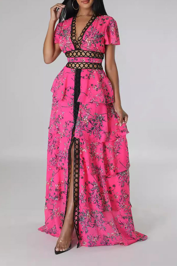 storexq Floral Print Tropical Circle Trim Tiered Ruffles Maxi Dress