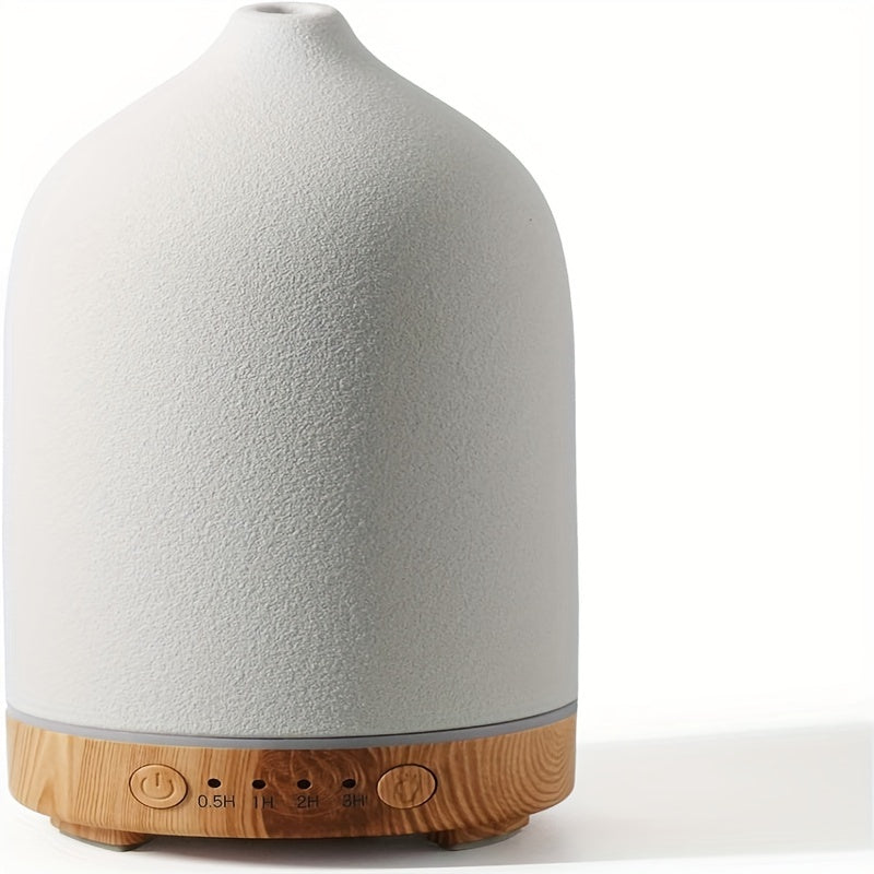 160ML Ceramic Essential Oil Diffuser - Aromatherapy Humidifier for Home Bedroom - Stone Pattern Yellow Wood Base, Air Purifying, Moisturizing, and Fragrance Diffusing