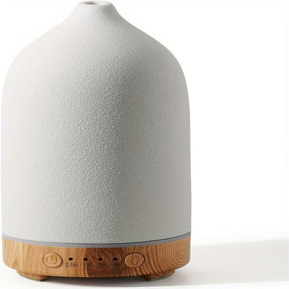 160ML Ceramic Essential Oil Diffuser - Aromatherapy Humidifier for Home Bedroom - Stone Pattern Yellow Wood Base, Air Purifying, Moisturizing, and Fragrance Diffusing