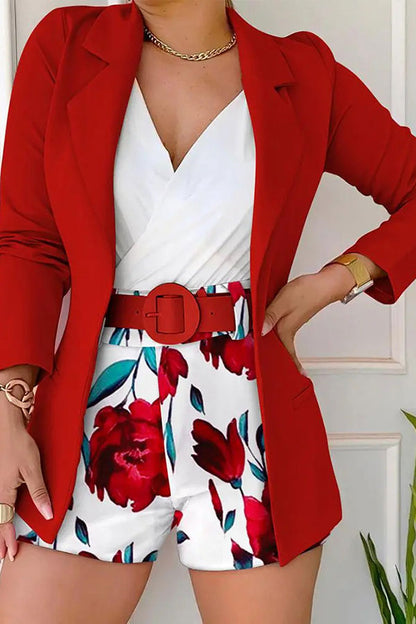 storexq Rose Print Commuting Notched Lapel Pant Suit