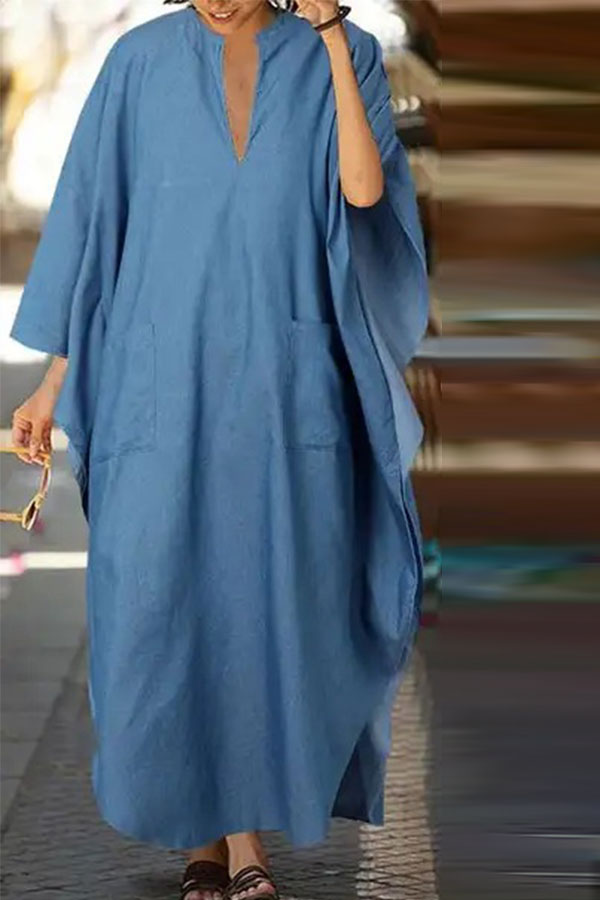 storexq Solid Color Simple Patch Pocket Denim Maxi Dress