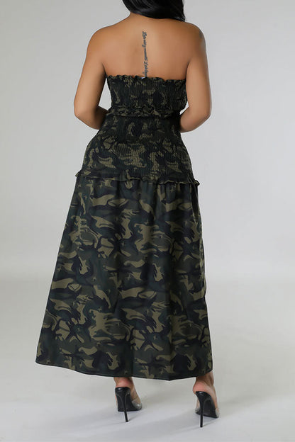 storexq Camouflage Strap Shirred Feminine Bandeau Midi Dress