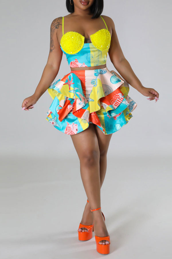 storexq Seaworld Print Cute Tiered Ruffle Dress Suit