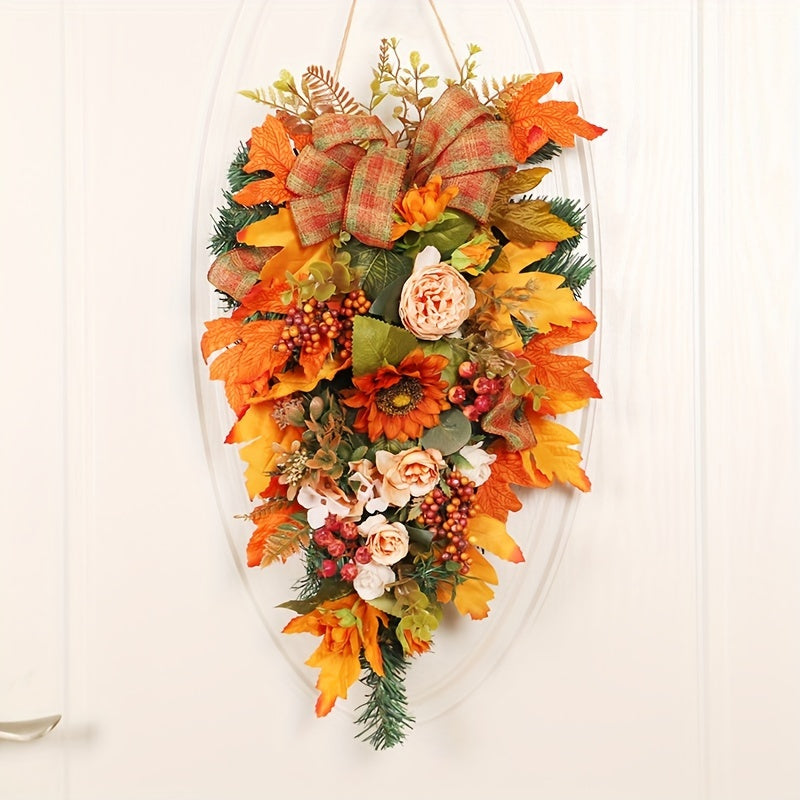 Charming Autumn Harvest Wreath - Sunflower, Maple Leaf & Rose Design | Perfect for Halloween & Thanksgiving Decor | Indoor/Outdoor Home Accent