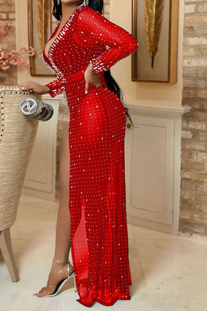 namcoverse Rhinestone Stylish High Split See-Through Maxi Dress