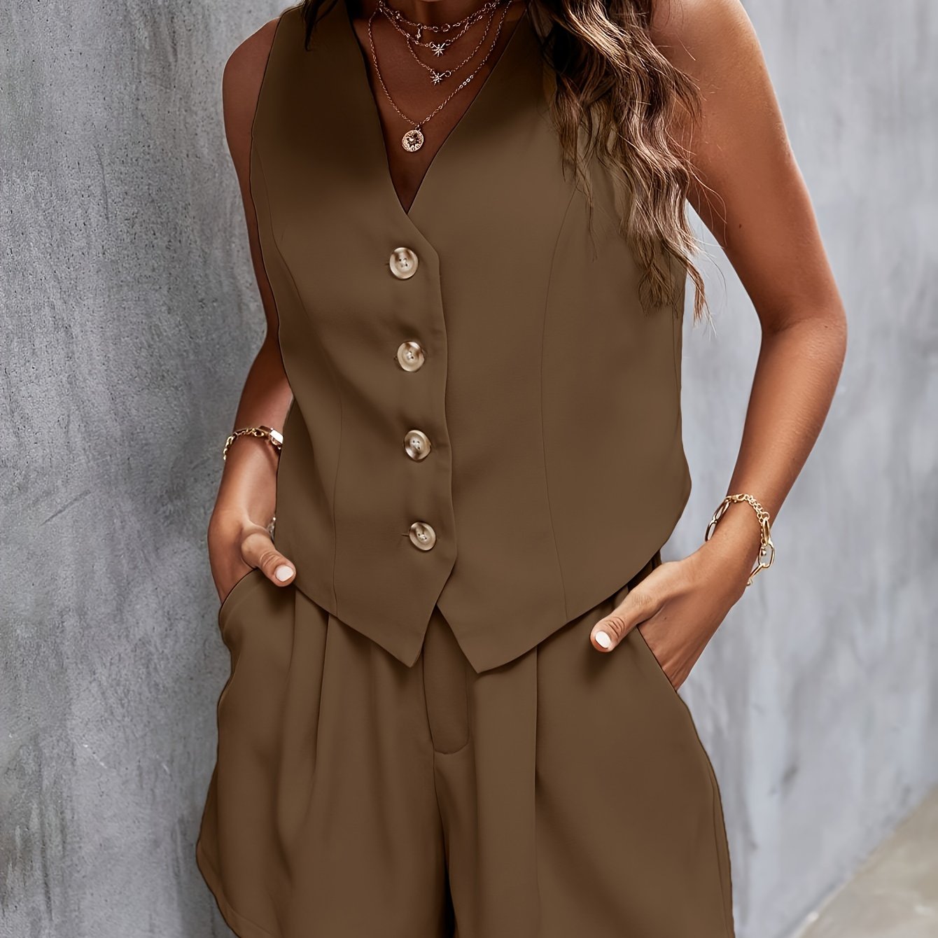 V Neck Sleeveless Suit Vest & Loose Pintuck Shorts Set - Elegant Polyester Solid Color Casual Wear for Women - No Elasticity, Woven, V Neckline, Slant Pocket, Button Front, and Sleeveless Design