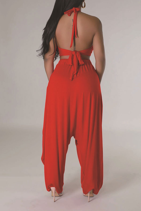 storexq Solid Color Hippy Lace-Up Harem Pant Suit