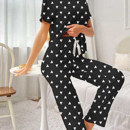 Cozy Heart Print Pajama Set - Soft Micro Elastic Polyester Casual Crew Neck Short Sleeve Top and Pants for Women - Flame Resistant, Random Printing, All Seasons Comfortable Sleepwear