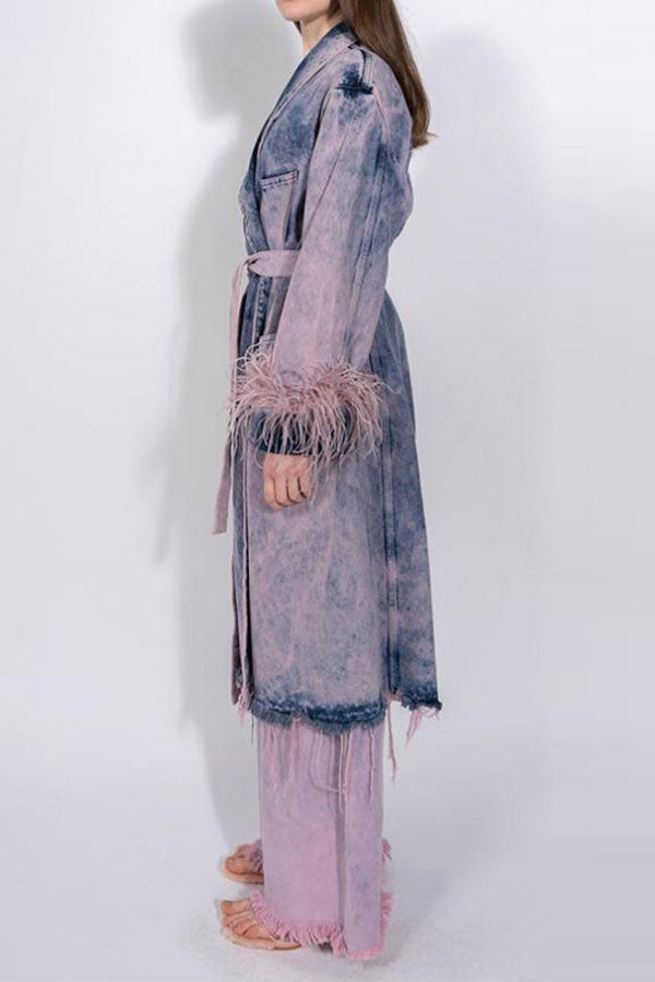 storexq Feather Trim Elegant Lace-Up Gradient Denim Trench Coat