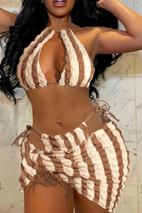 storexq Vertical Striped Bubble Textured Flirty Lace-Up Three Pieces