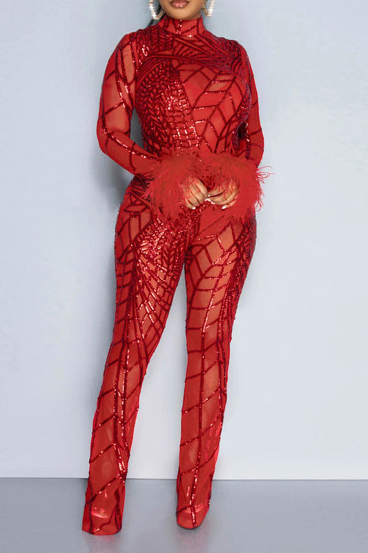 storexq Patchwork Sequined Glistening See-Through Jumpsuit