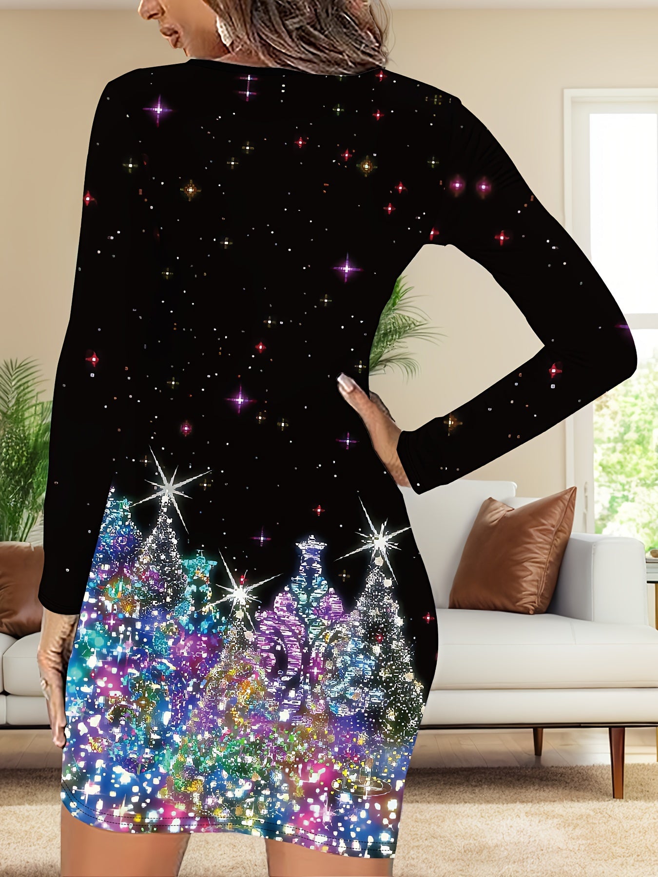 Christmas Tree Print 3D Embellished Long Sleeve Dress - Polyester Knit Fabric, Round Neck, Flared Fit, Adult Holiday Casual Dress for All Seasons