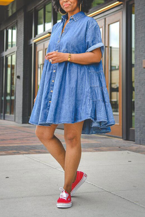 storexq Blue Lapel Classic Button Down Denim Mini Dress