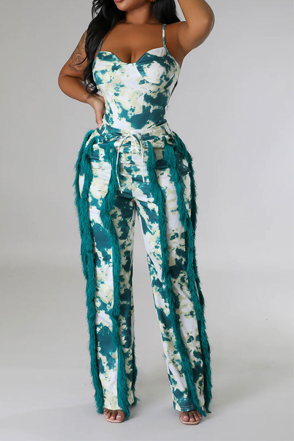 storexq Tie Dye Pretty Tassel Patchwork Pant Suit