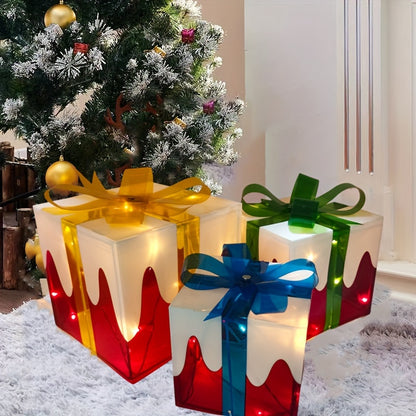 3-Pack Iron Freestanding LED Light-Up Christmas Gift Boxes with Bow, Battery-Operated for Tree, Yard, Indoor/Outdoor Decorations - Christmas and New Year Decor